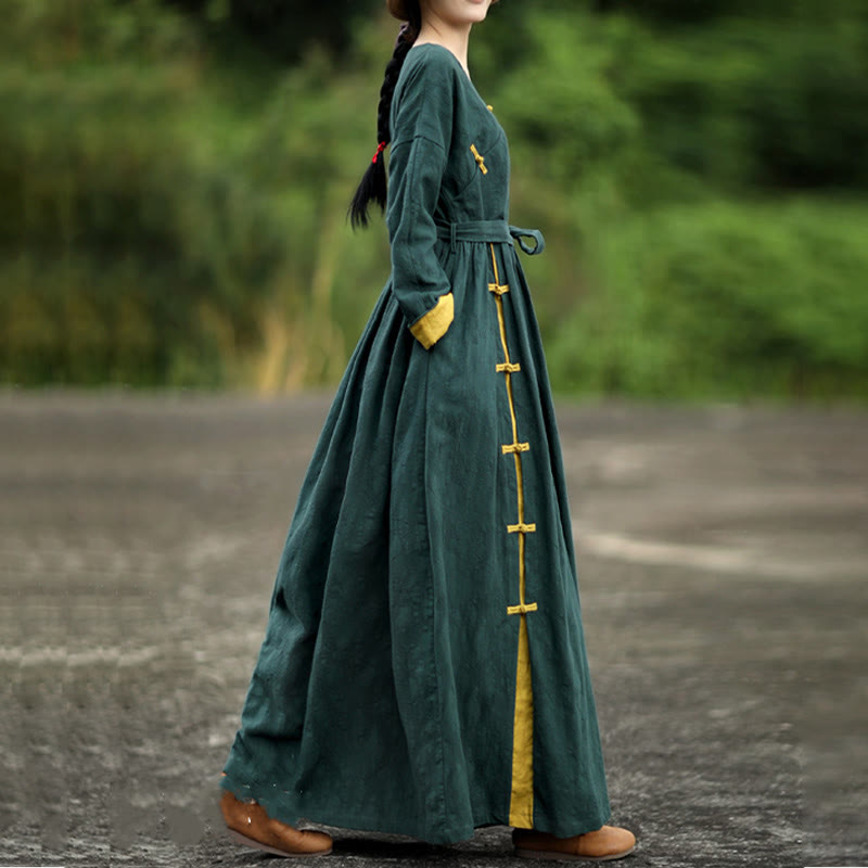 Buddha Stones Baumwoll-Midikleid mit Froschknopfleiste, V-Ausschnitt, langen Ärmeln und Taschen - image 4