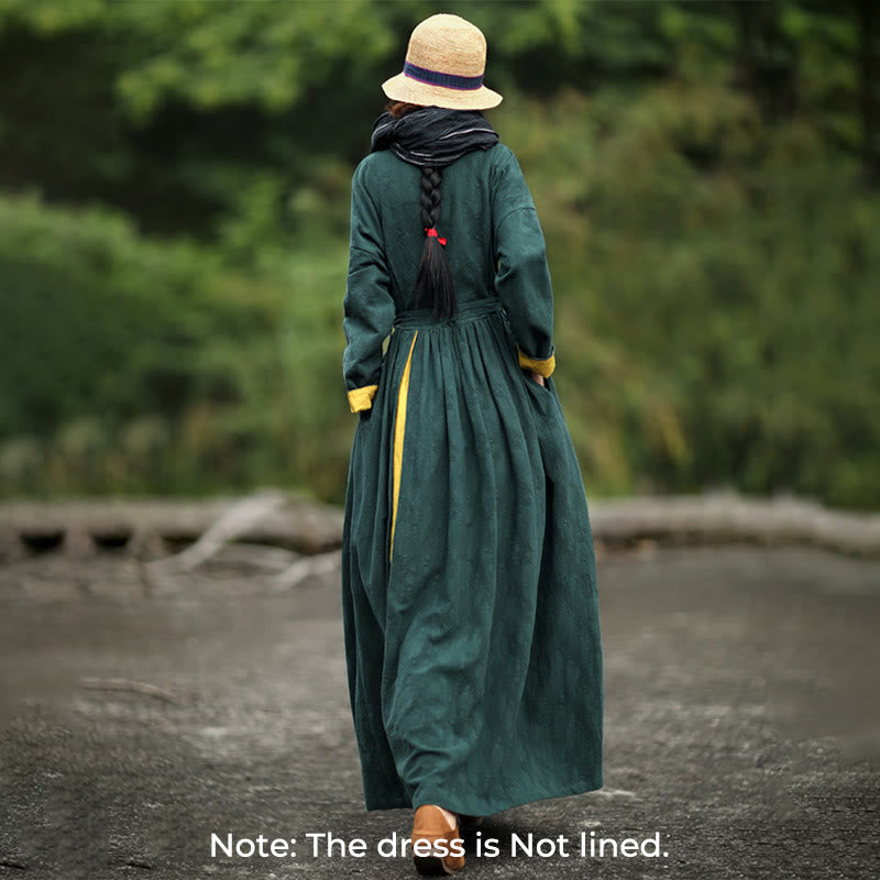 Buddha Stones Baumwoll-Midikleid mit Froschknopfleiste, V-Ausschnitt, langen Ärmeln und Taschen - image 1