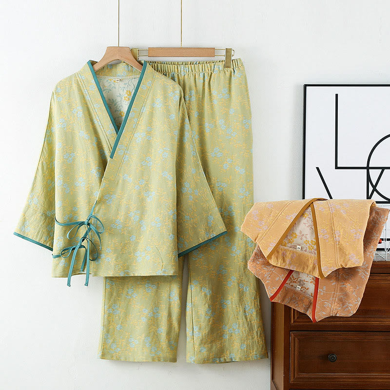 Buddha Stones 2-teiliges farbenfrohes Baumwoll-Pyjama-Set mit Blumenmuster, langen Ärmeln, V-Ausschnitt, Hemd und Hose sowie Taschen - Gelbgrün - US12, UK/AU16, EU44 (XL) - image 0