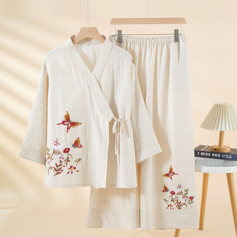 Buddha Stones 2-teiliges farbenfrohes Baumwoll-Pyjama-Set mit Blumen- und Schmetterlingsmuster, langen Ärmeln, V-Ausschnitt, Hemd und Hose sowie Taschen - Schnee - US6, UK/AU10, EU38 (XL) - image 0