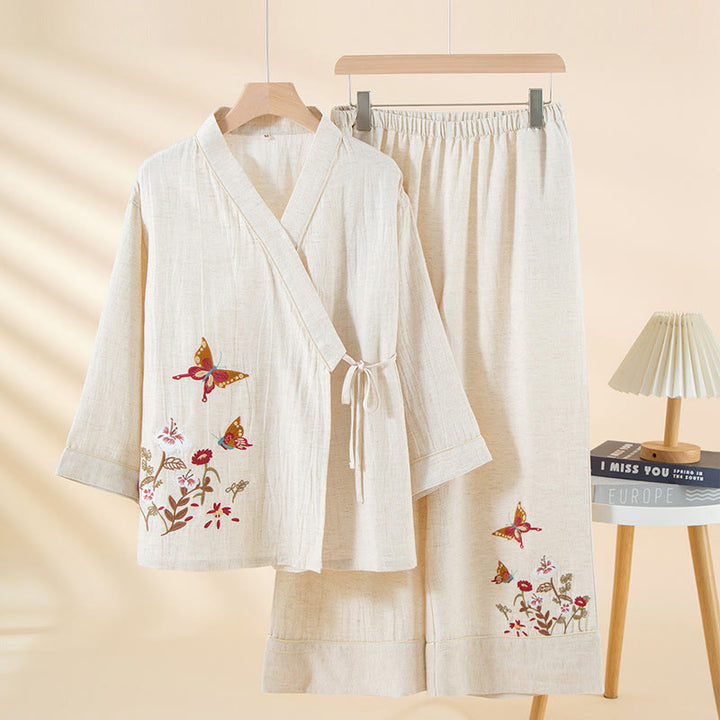 Buddha Stones 2-teiliges farbenfrohes Baumwoll-Pyjama-Set mit Blumen- und Schmetterlingsmuster, langen Ärmeln, V-Ausschnitt, Hemd und Hose sowie Taschen - Schnee - US6, UK/AU10, EU38 (XL) - image 0