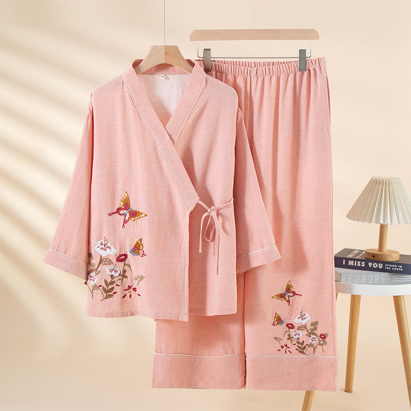 Buddha Stones 2-teiliges farbenfrohes Baumwoll-Pyjama-Set mit Blumen- und Schmetterlingsmuster, langen Ärmeln, V-Ausschnitt, Hemd und Hose sowie Taschen - Hellrosa - US6, UK/AU10, EU38 (XL) - image 6