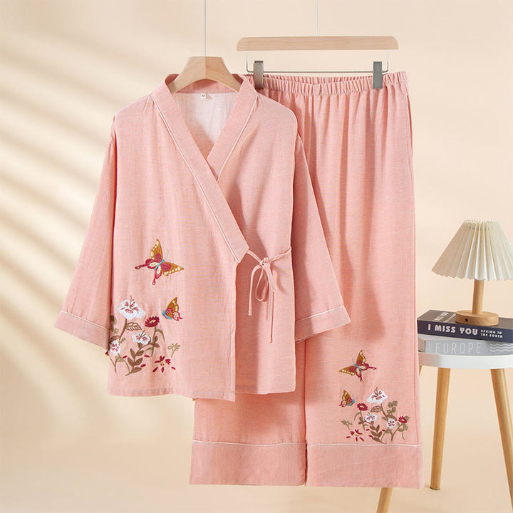 Buddha Stones 2-teiliges farbenfrohes Baumwoll-Pyjama-Set mit Blumen- und Schmetterlingsmuster, langen Ärmeln, V-Ausschnitt, Hemd und Hose sowie Taschen - Hellrosa - US6, UK/AU10, EU38 (XL) - image 6