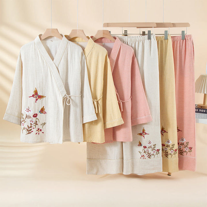Buddha Stones 2-teiliges farbenfrohes Baumwoll-Pyjama-Set mit Blumen- und Schmetterlingsmuster, langen Ärmeln, V-Ausschnitt, Hemd und Hose sowie Taschen - image 7