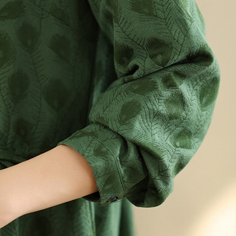 Buddha Stones, Blattmuster, Stehkragen, lange Ärmel, Baumwoll-Midikleid mit Taschen - image 6