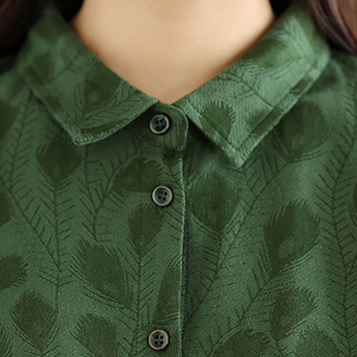 Buddha Stones, Blattmuster, Stehkragen, lange Ärmel, Baumwoll-Midikleid mit Taschen - image 5