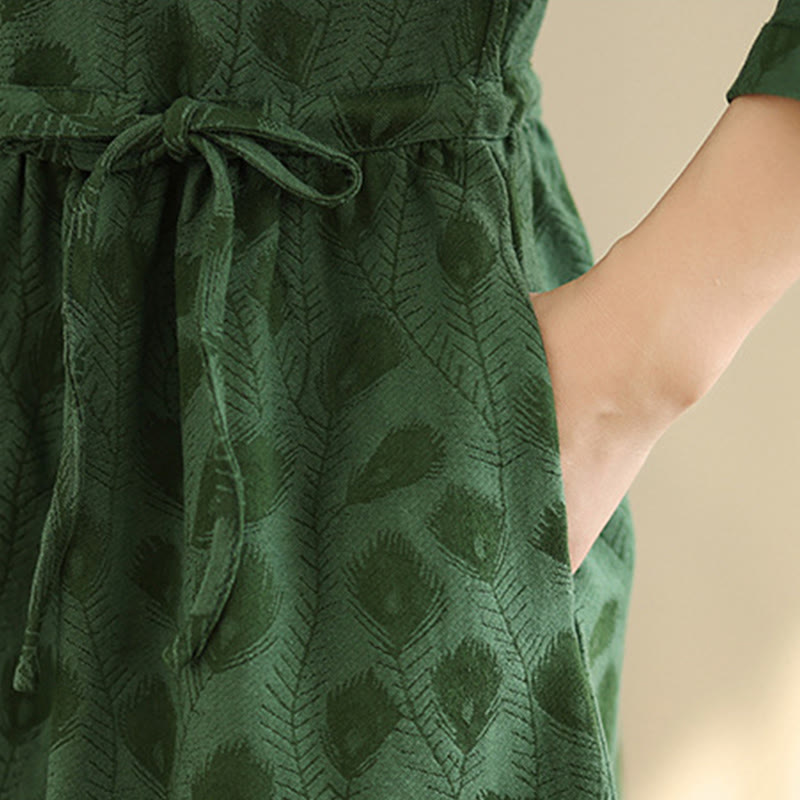 Buddha Stones, Blattmuster, Stehkragen, lange Ärmel, Baumwoll-Midikleid mit Taschen - image 8