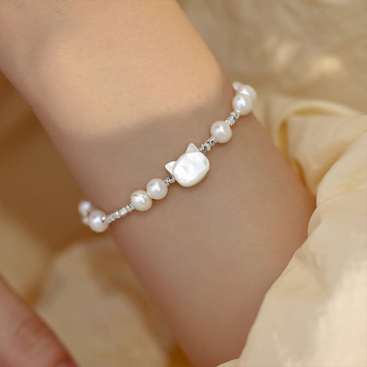 Buddha-Steine, Perlen-Katzenkopf, Tridacna-Stein, Silberkette, Heilungsarmband - Perle (Handgelenkumfang 14-16 cm) - image 0