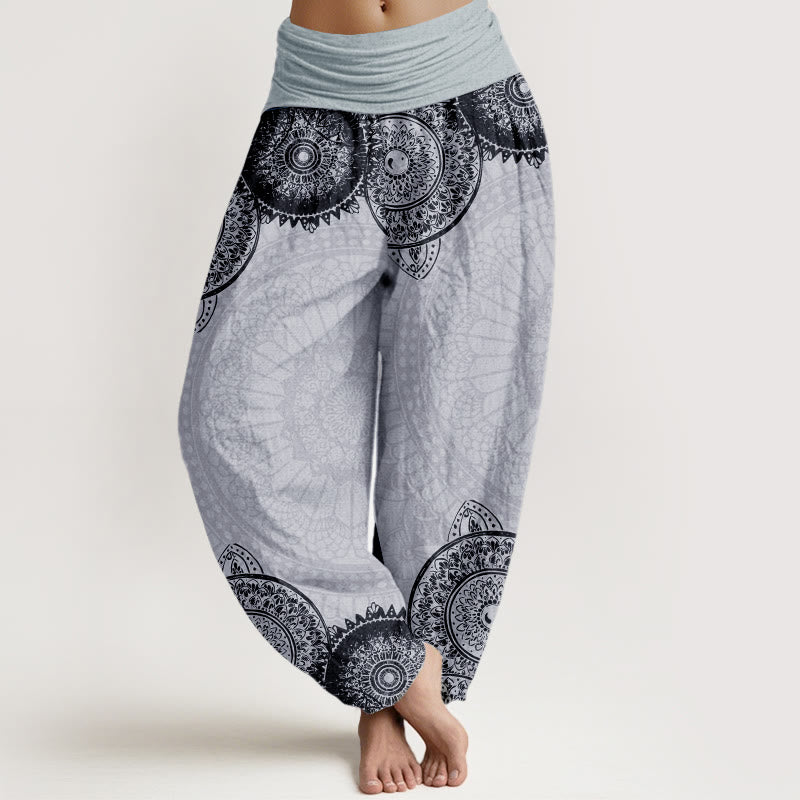 Haremshose für Damen mit elastischer Taille und Buddha Stones aus reiner Baumwolle, kreisförmiges Mandala-Design - Hellgrau - US22, UK/AU26, EU54 (6XL) - image 9