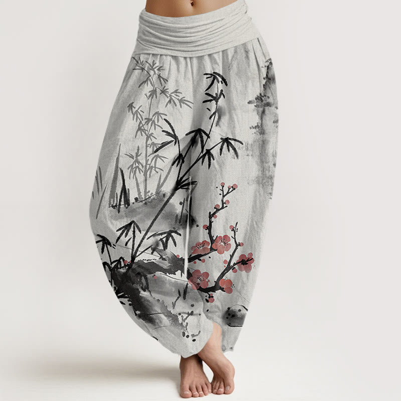 Haremshose mit Buddha Stones, Pflaumenblüten-, Bambus-, Orchideen- und Chrysanthemenmuster für Damen mit elastischem Bund. - Hellgrau - US22, UK/AU26, EU54 (6XL) - image 0