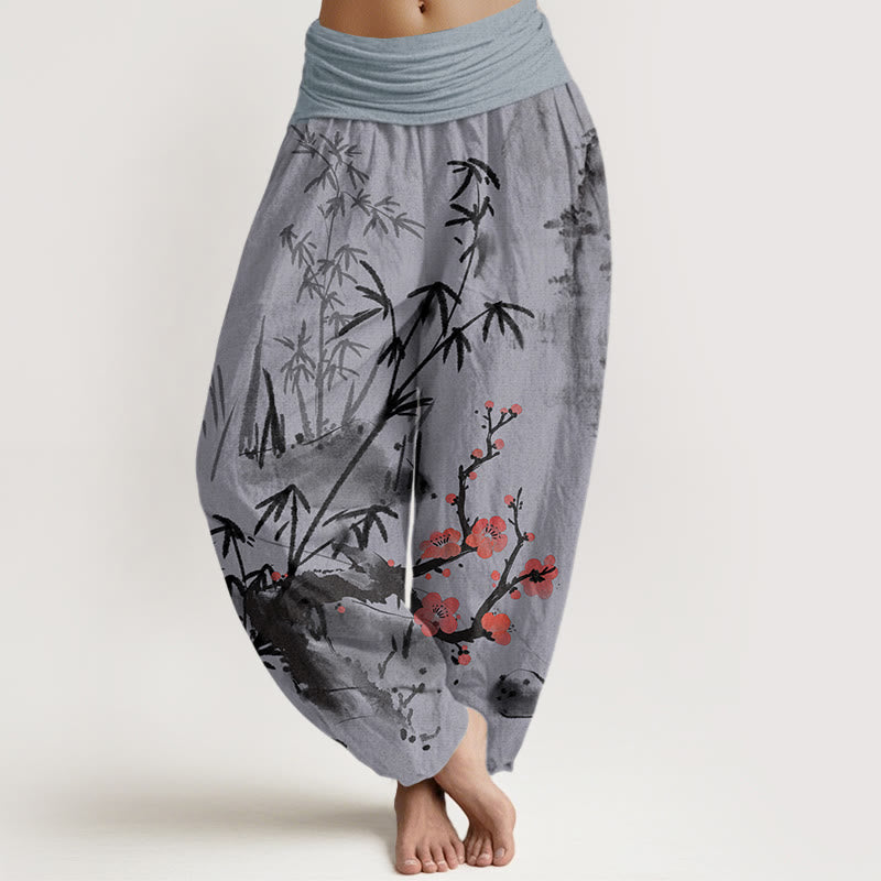 Haremshose mit Buddha Stones, Pflaumenblüten-, Bambus-, Orchideen- und Chrysanthemenmuster für Damen mit elastischem Bund. - Mittelviolett - US22, UK/AU26, EU54 (6XL) - image 7