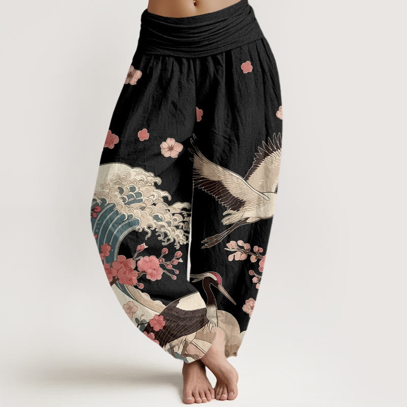 Buddha Stones, reine Baumwolle, Kraniche, Pfirsichblüten, Ozean – Damen-Haremshose mit elastischem Bund - Schwarz - US16, UK/AU20, EU48 (3XL) - image 5
