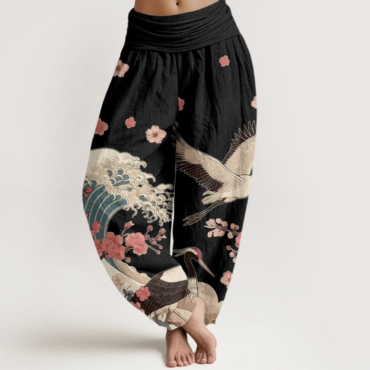 Buddha Stones, reine Baumwolle, Kraniche, Pfirsichblüten, Ozean – Damen-Haremshose mit elastischem Bund - Schwarz - US16, UK/AU20, EU48 (3XL) - image 5