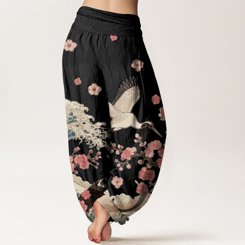 Buddha Stones, reine Baumwolle, Kraniche, Pfirsichblüten, Ozean – Damen-Haremshose mit elastischem Bund - image 6