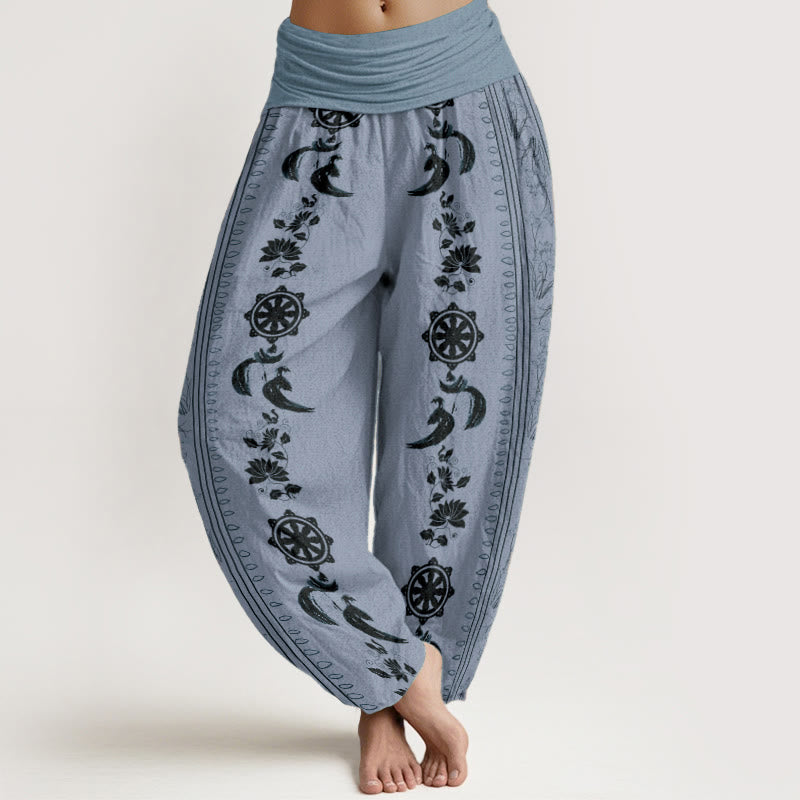 Haremshose mit Buddha Stones aus reiner Baumwolle, Dharma-Rad, Lotus, OM-Muster, elastische Taille für Damen - Hellstahlblau - US22, UK/AU26, EU54 (6XL) - image 0