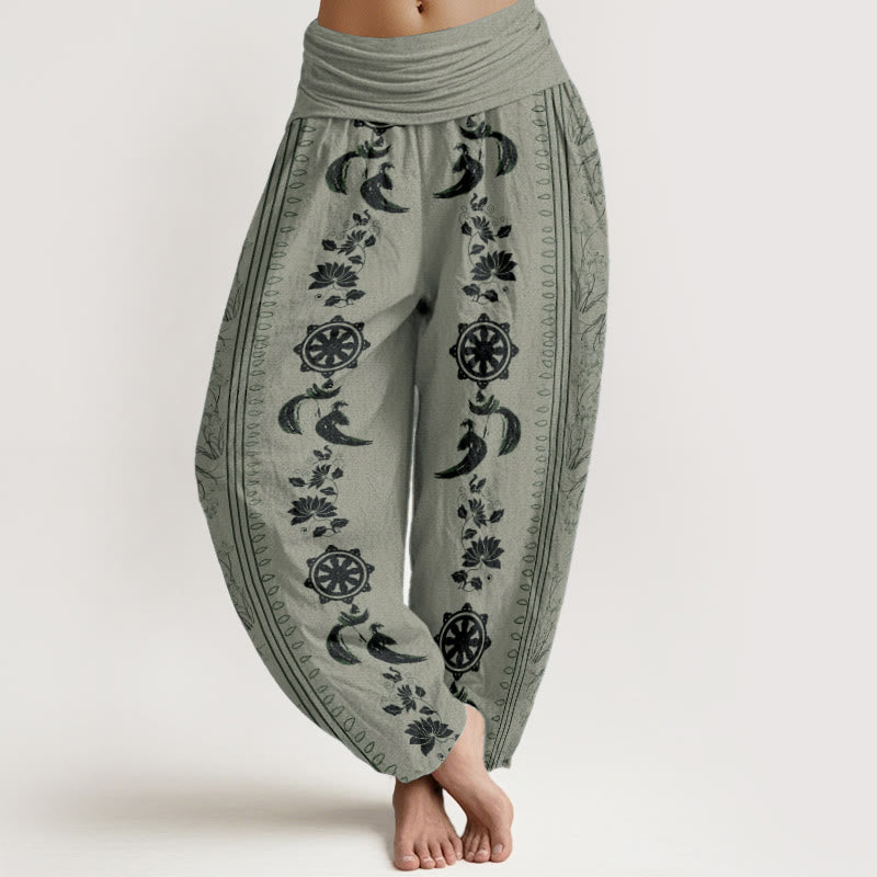 Haremshose mit Buddha Stones aus reiner Baumwolle, Dharma-Rad, Lotus, OM-Muster, elastische Taille für Damen - Dunkelseegrün - US22, UK/AU26, EU54 (6XL) - image 5