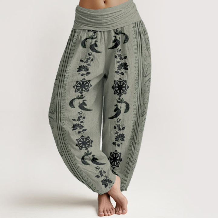 Haremshose mit Buddha Stones aus reiner Baumwolle, Dharma-Rad, Lotus, OM-Muster, elastische Taille für Damen - Dunkelseegrün - US22, UK/AU26, EU54 (6XL) - image 5