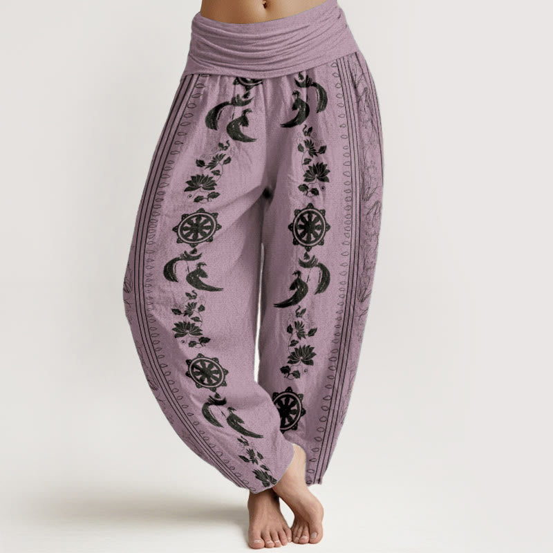 Haremshose mit Buddha Stones aus reiner Baumwolle, Dharma-Rad, Lotus, OM-Muster, elastische Taille für Damen - Violett - US22, UK/AU26, EU54 (6XL) - image 8