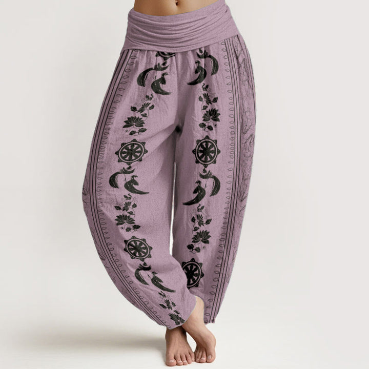Haremshose mit Buddha Stones aus reiner Baumwolle, Dharma-Rad, Lotus, OM-Muster, elastische Taille für Damen - Violett - US22, UK/AU26, EU54 (6XL) - image 8