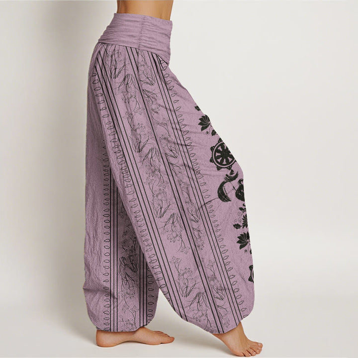 Haremshose mit Buddha Stones aus reiner Baumwolle, Dharma-Rad, Lotus, OM-Muster, elastische Taille für Damen - image 10