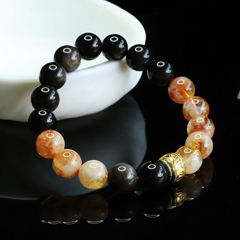 Buddha Stones ​​Om Mani Padme Hum Silberglanz Obsidian Citrin Schutzarmband - Silberglänzender Obsidian-Citrin (Handgelenkumfang: 15-16 cm) - image 0