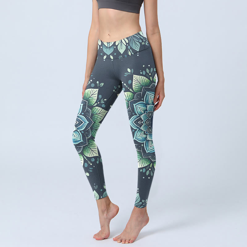Leggings mit Buddha Stones, symmetrischem Om-Symbol und Blumenmuster, Damen-Yogahose - Türkis - US18, UK/AU22, EU50 (4XL) - image 0