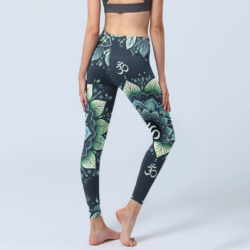 Leggings mit Buddha Stones, symmetrischem Om-Symbol und Blumenmuster, Damen-Yogahose - image 4