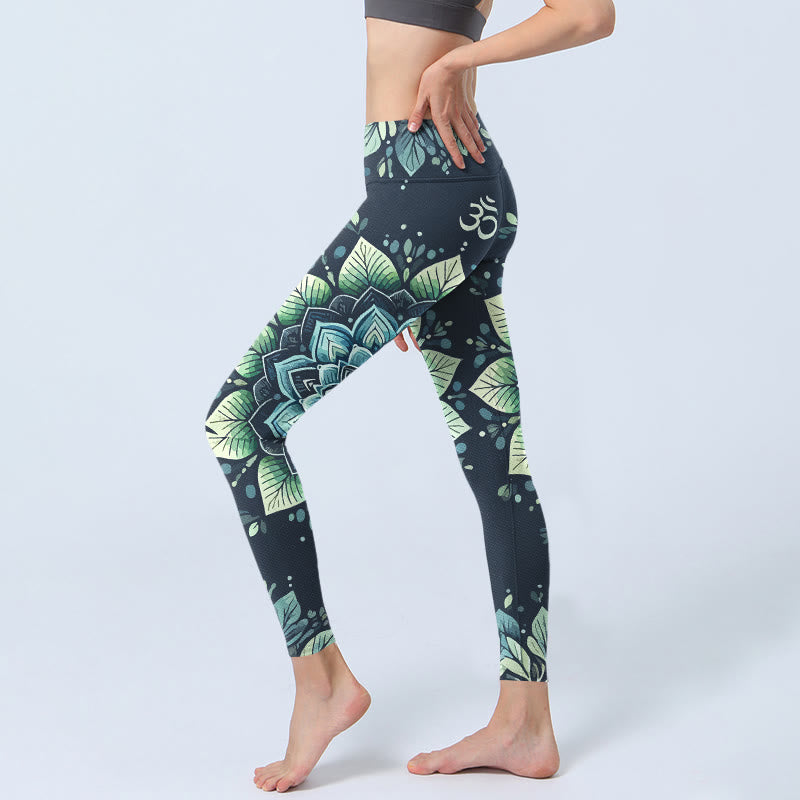 Leggings mit Buddha Stones, symmetrischem Om-Symbol und Blumenmuster, Damen-Yogahose - image 2