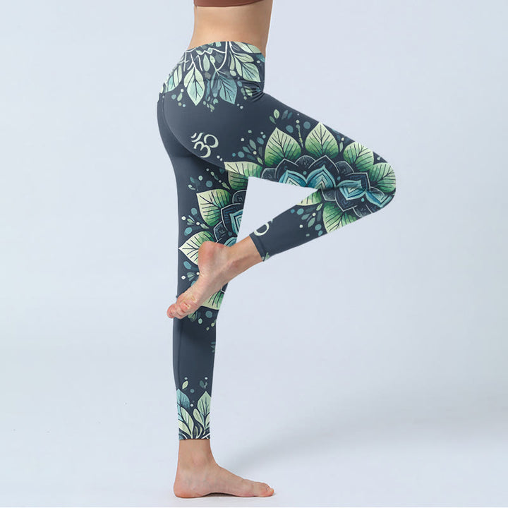 Leggings mit Buddha Stones, symmetrischem Om-Symbol und Blumenmuster, Damen-Yogahose - image 3
