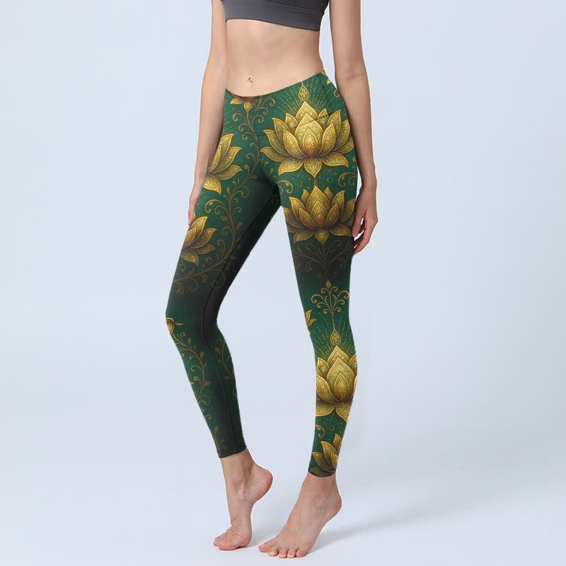 Leggings mit Buddha Stones und goldenem Lotusmuster, Damen-Yogahose - Dunkelgrün - US18, UK/AU22, EU50 (4XL) - image 0