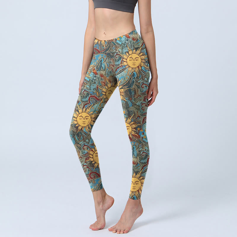 Leggings mit Buddha Stones Motiv, goldenem Sonnenmuster, Damen-Yogahose - Dunkelcyan - US18, UK/AU22, EU50 (4XL) - image 0