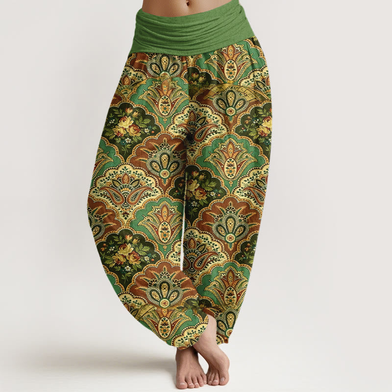 Baumwoll-Haremshose mit Buddha Stones und Fächermuster (Blumen und Blätter) mit elastischem Bund für Damen - Grün - US16, UK/AU20, EU48 (3XL) - image 0