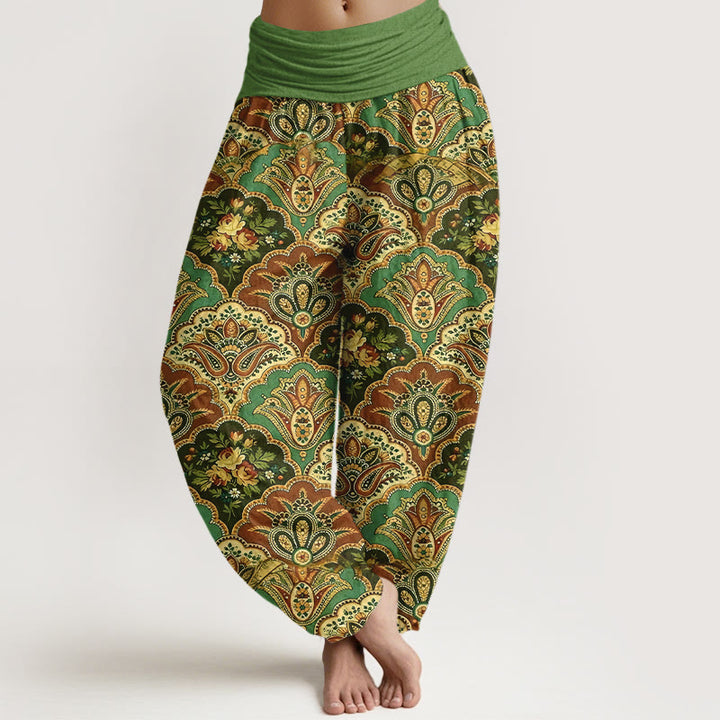 Baumwoll-Haremshose mit Buddha Stones und Fächermuster (Blumen und Blätter) mit elastischem Bund für Damen - Grün - US16, UK/AU20, EU48 (3XL) - image 0