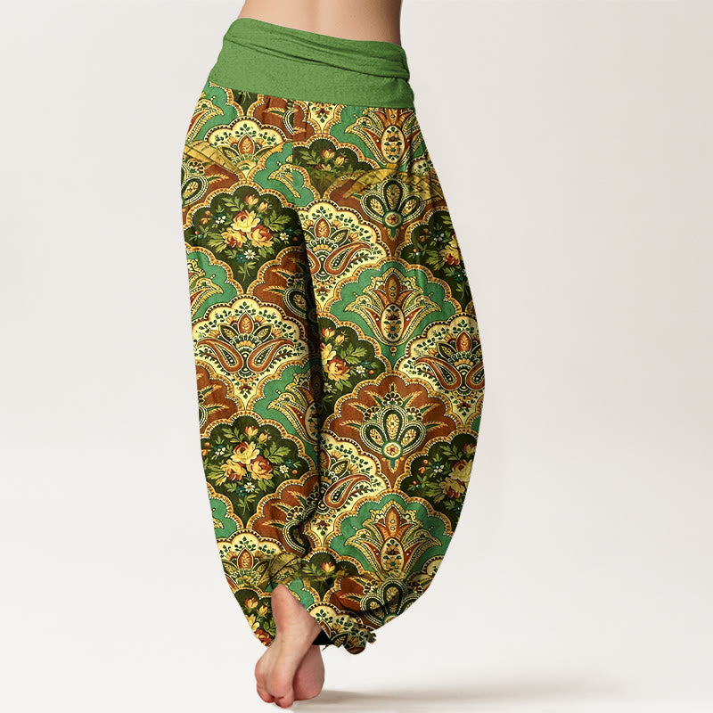 Baumwoll-Haremshose mit Buddha Stones und Fächermuster (Blumen und Blätter) mit elastischem Bund für Damen - image 1