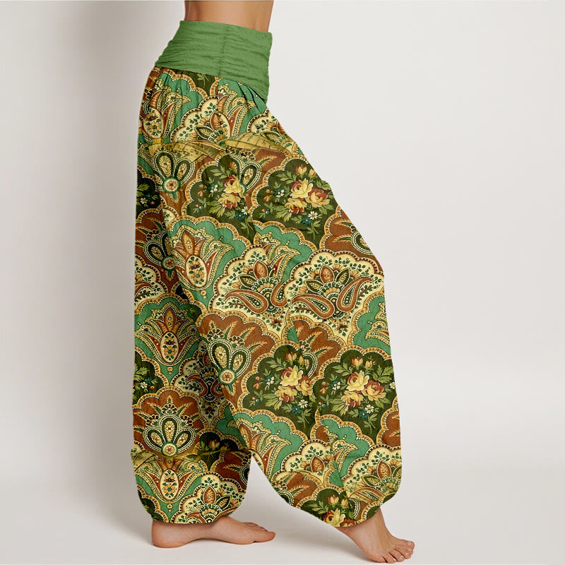 Baumwoll-Haremshose mit Buddha Stones und Fächermuster (Blumen und Blätter) mit elastischem Bund für Damen - image 2
