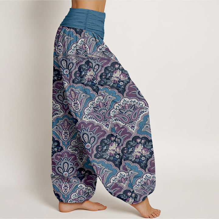 Baumwoll-Haremshose mit Buddha Stones und Fächermuster (Blumen und Blätter) mit elastischem Bund für Damen - image 7