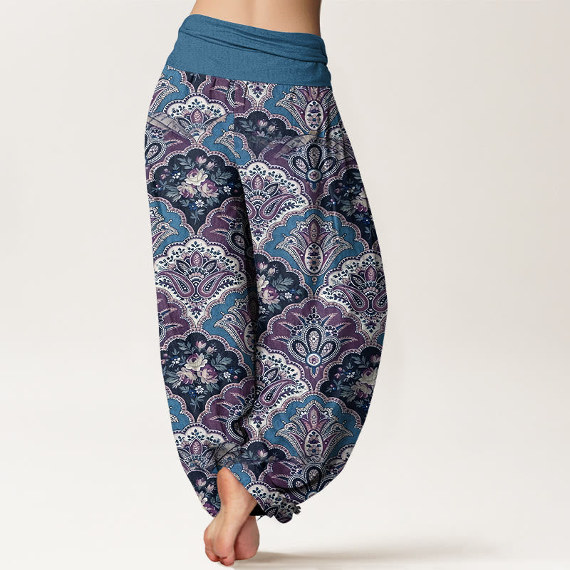 Baumwoll-Haremshose mit Buddha Stones und Fächermuster (Blumen und Blätter) mit elastischem Bund für Damen - image 6