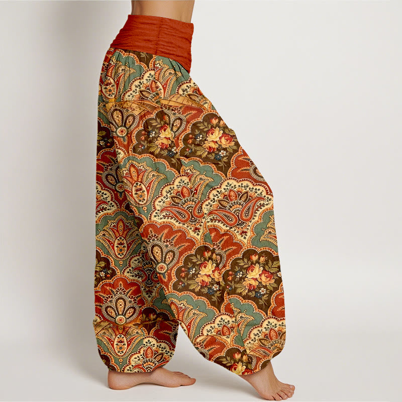 Baumwoll-Haremshose mit Buddha Stones und Fächermuster (Blumen und Blätter) mit elastischem Bund für Damen - image 10