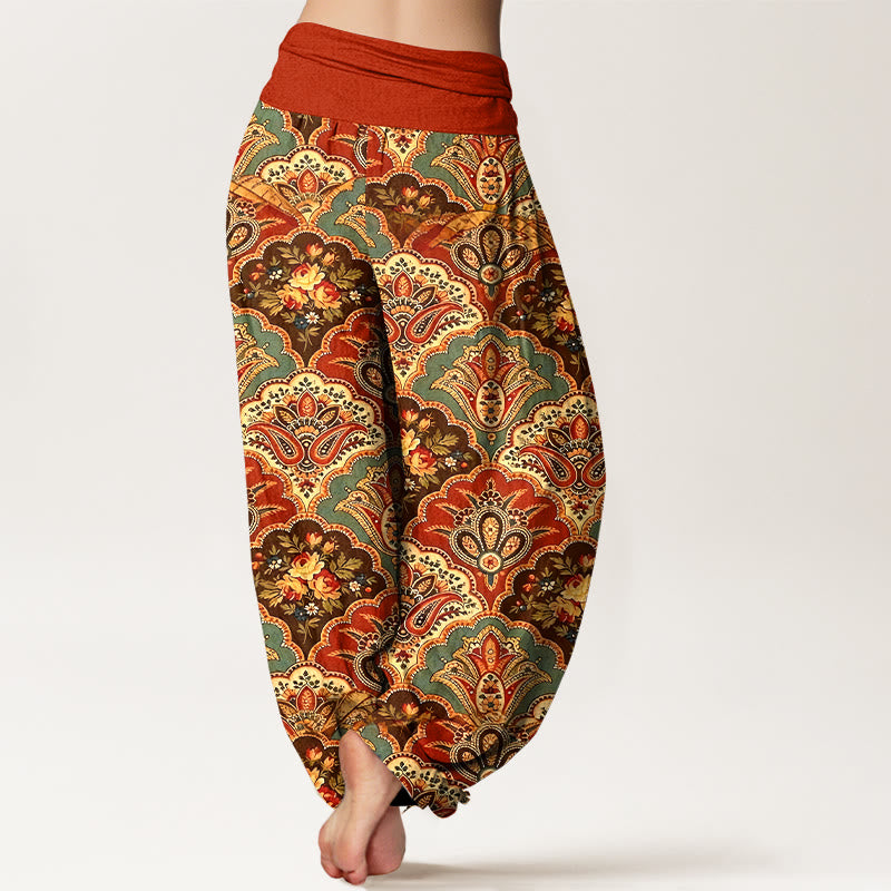 Baumwoll-Haremshose mit Buddha Stones und Fächermuster (Blumen und Blätter) mit elastischem Bund für Damen - image 9