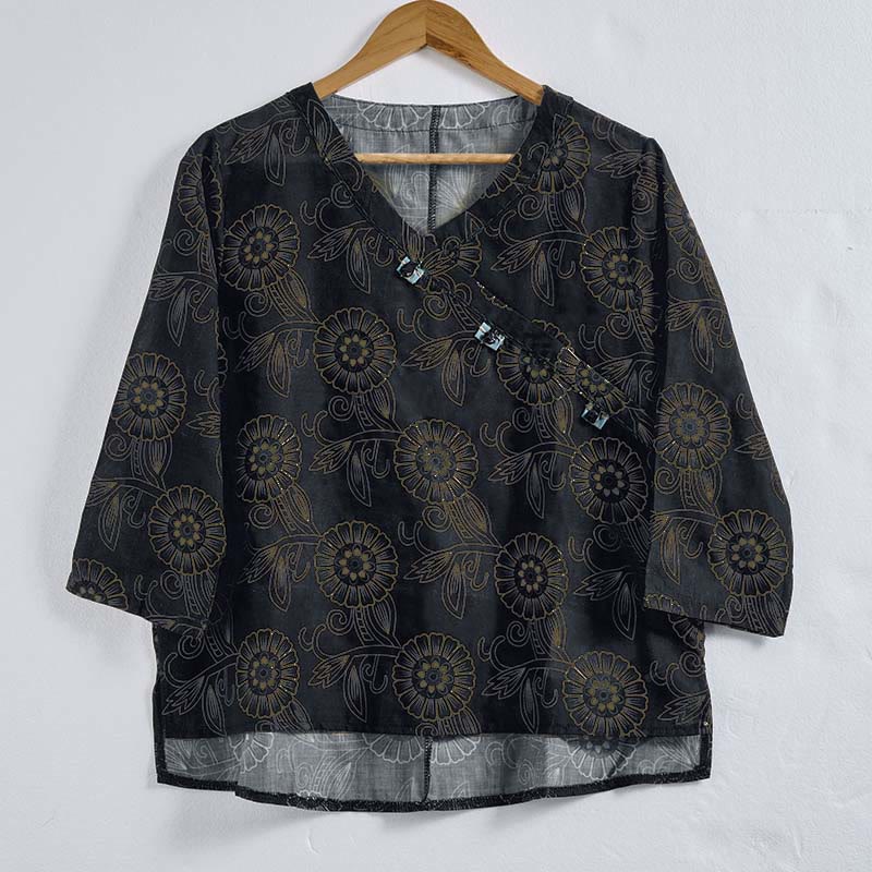 Buddha Stones Frühlings-Langarmshirt mit V-Ausschnitt und floralem Print für Damen - image 12