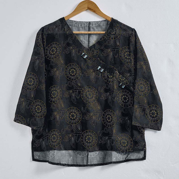 Buddha Stones Frühlings-Langarmshirt mit V-Ausschnitt und floralem Print für Damen - image 12