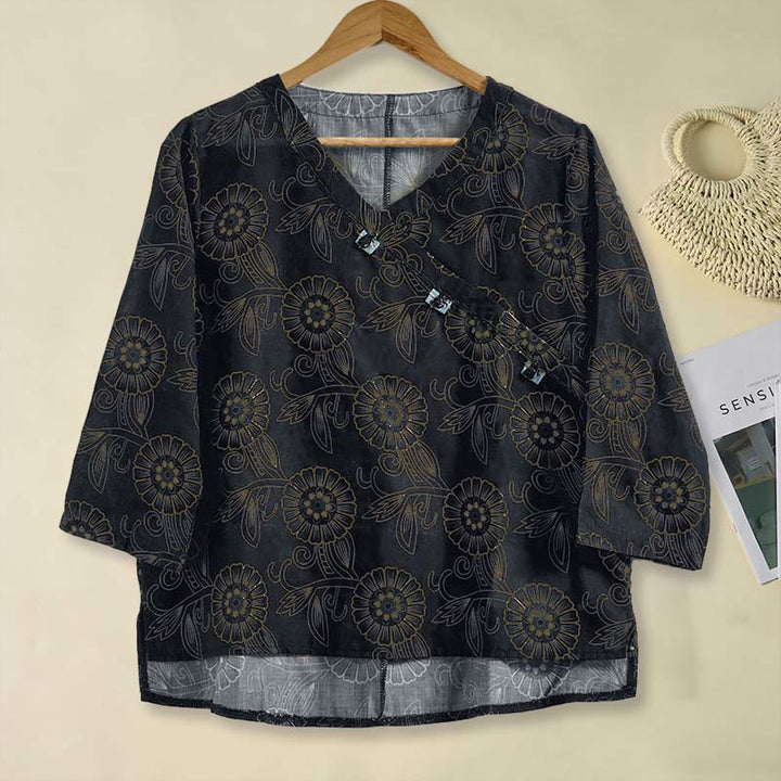 Buddha Stones Frühlings-Langarmshirt mit V-Ausschnitt und floralem Print für Damen - Schwarz - US 8-10, UK/AU 12-14, EU 40-42 (2XL) - image 11