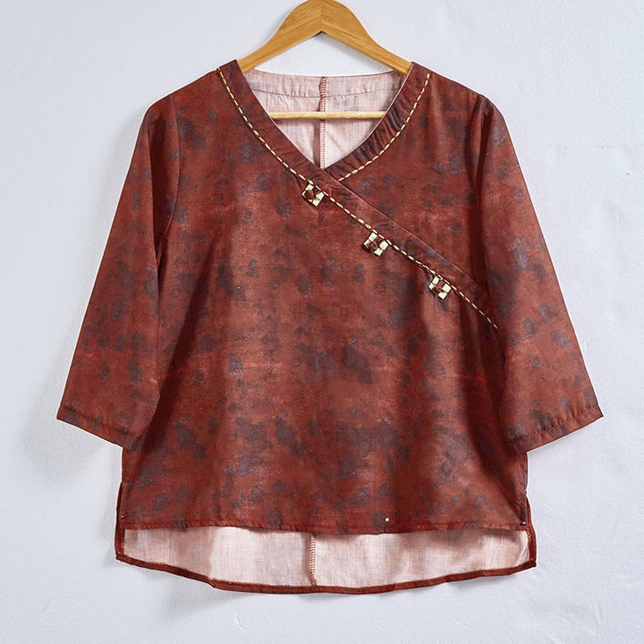 Buddha Stones Frühlings-Langarmshirt mit V-Ausschnitt und floralem Print für Damen - image 17