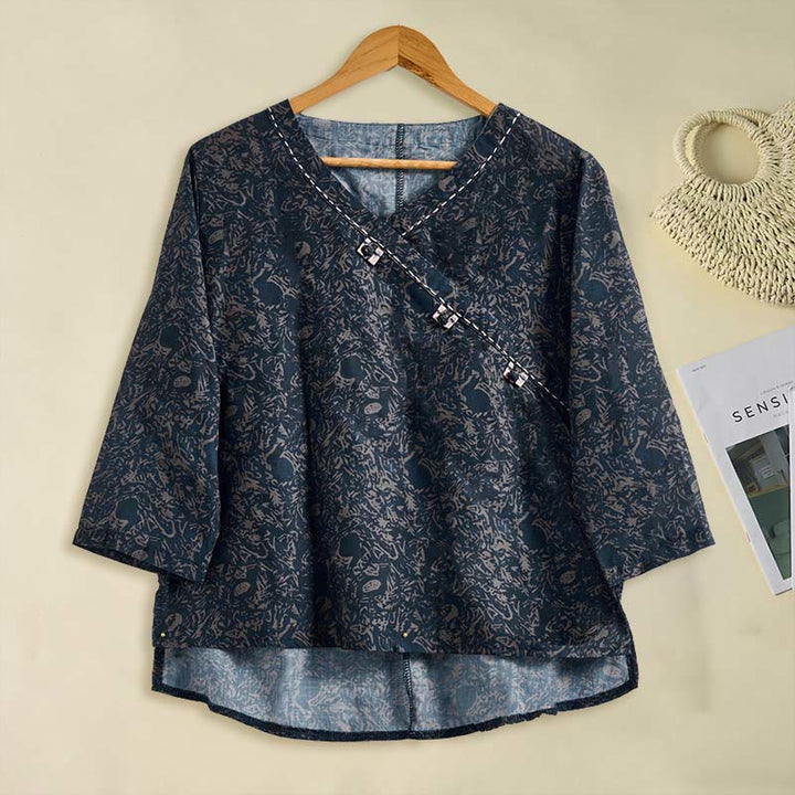 Buddha Stones Frühlings-Langarmshirt mit V-Ausschnitt und floralem Print für Damen - image 20
