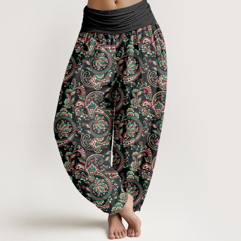 Haremshose aus Baumwolle mit Buddha Stones -Motiv, Retro-Blumen-, Blätter- und Rankenmuster sowie elastischem Bund. - Schwarz - US16, UK/AU20, EU48 (3XL) - image 0