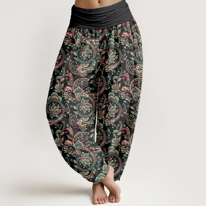 Haremshose aus Baumwolle mit Buddha Stones -Motiv, Retro-Blumen-, Blätter- und Rankenmuster sowie elastischem Bund. - Schwarz - US16, UK/AU20, EU48 (3XL) - image 0