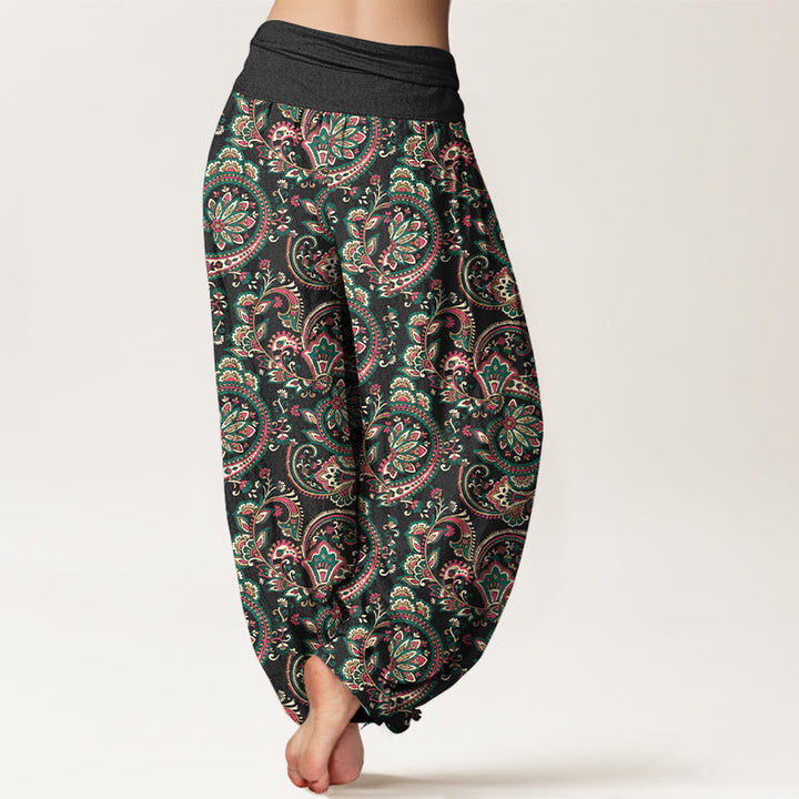 Haremshose aus Baumwolle mit Buddha Stones -Motiv, Retro-Blumen-, Blätter- und Rankenmuster sowie elastischem Bund. - image 1