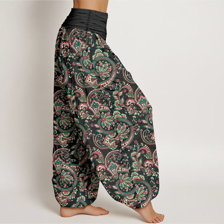 Haremshose aus Baumwolle mit Buddha Stones -Motiv, Retro-Blumen-, Blätter- und Rankenmuster sowie elastischem Bund. - image 2
