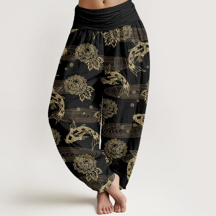 Buddha Stones, Baumwollstoff, exquisites Koi-Fisch-, Blumen- und Blättermuster, geschwungene Haremshose für Damen mit elastischem Bund - Schwarz - US16, UK/AU20, EU48 (3XL) - image 0