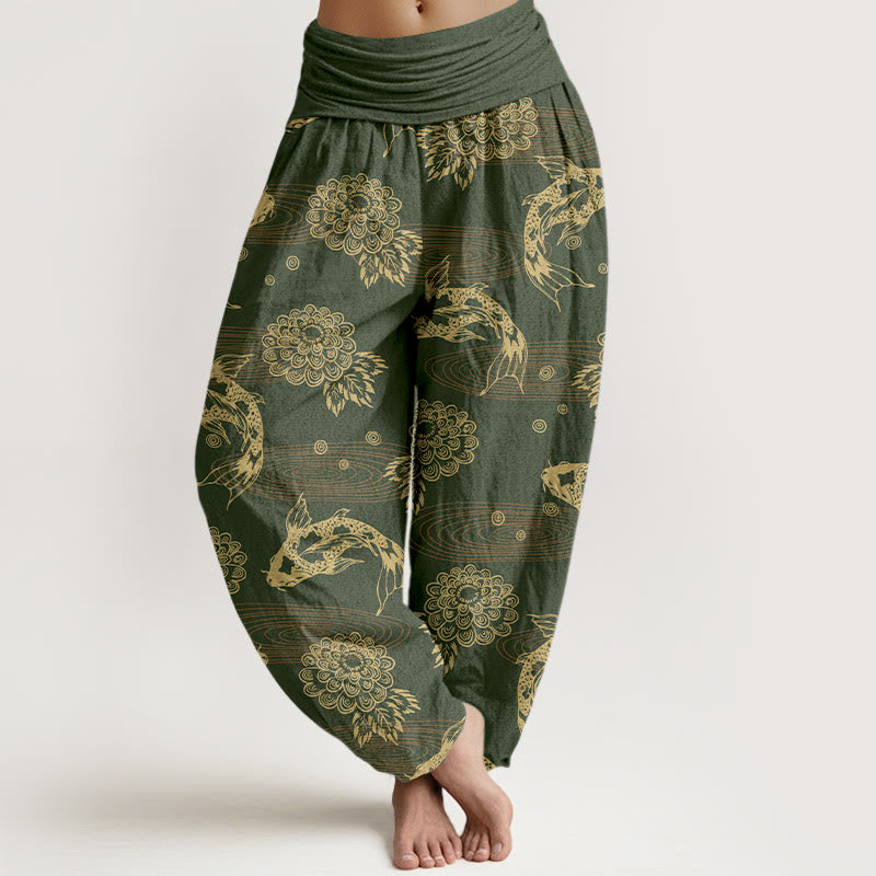 Buddha Stones, Baumwollstoff, exquisites Koi-Fisch-, Blumen- und Blättermuster, geschwungene Haremshose für Damen mit elastischem Bund - Olivgrün - US16, UK/AU20, EU48 (3XL) - image 5